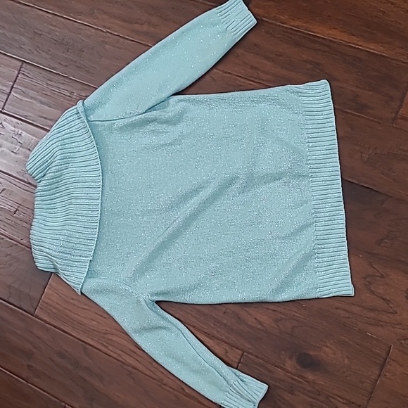 New York & Company Aqua Cowl Neck Sweater with Silver Threading size Large - Picture 2 of 9